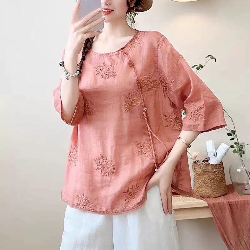 Embroidered Three Quarter Sleeve Shirt, Cotton Linen