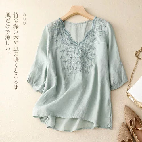 Embroidered Three Quarter Sleeve V-Neck Shirt