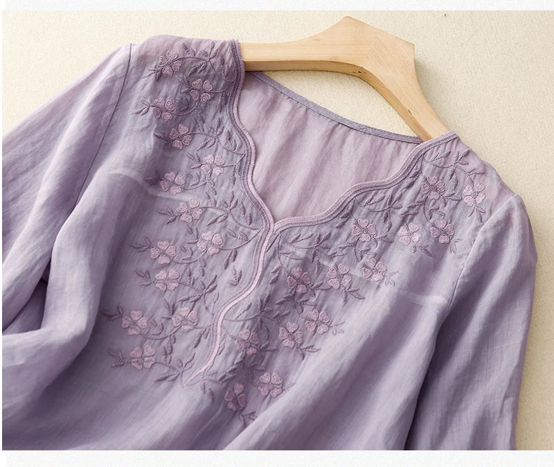 Embroidered Three Quarter Sleeve V-Neck Shirt