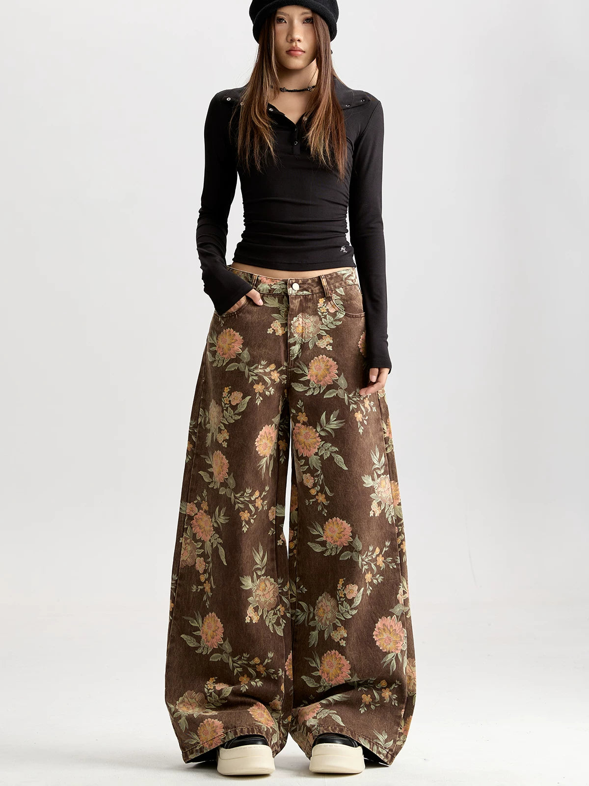 Floral Wide-Leg Jeans with Vintage Wash