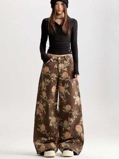 Floral Wide-Leg Jeans with Vintage Wash