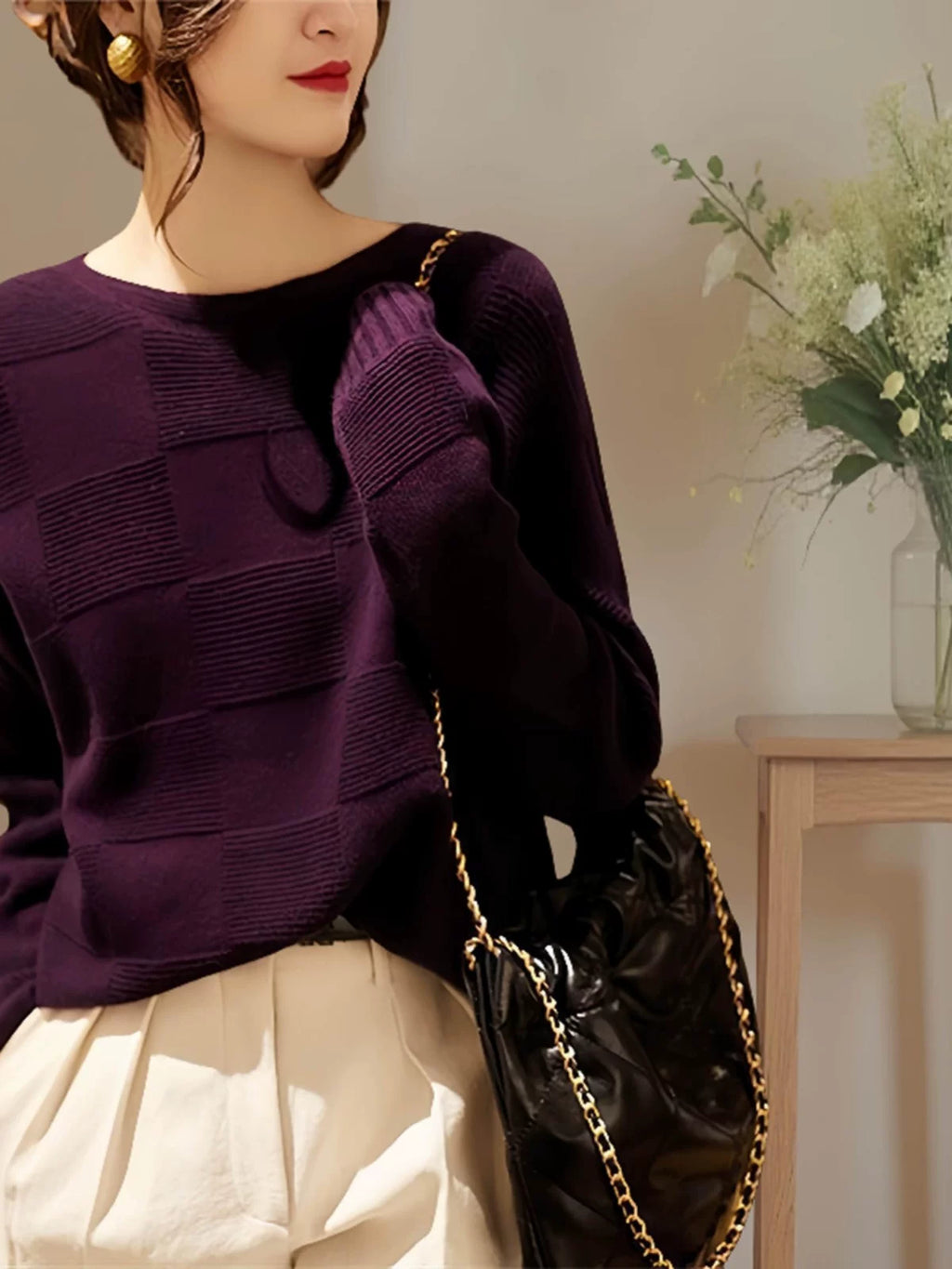 Relaxed Checkerboard Knit Top in Deep Purple