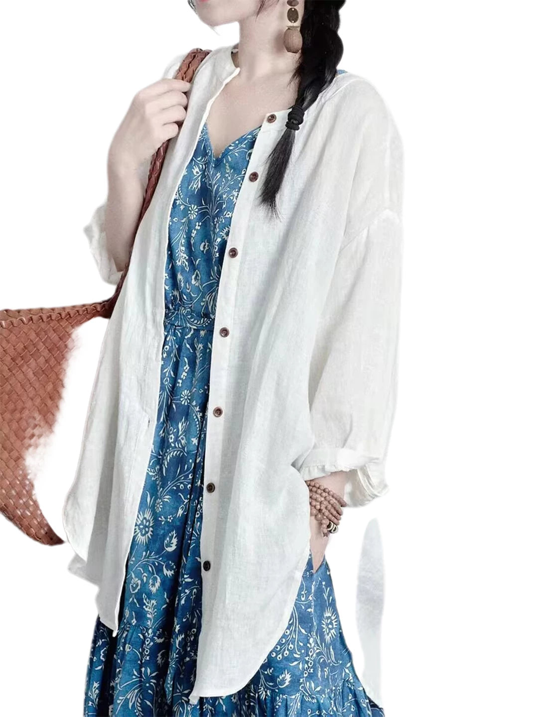 New Chinese Style Zen White Linen Shirt for Women, Early Autumn Edition, Artistic and Elegant Loose-Fit Mid-Length Cotton-Linen Long Sleeve Top