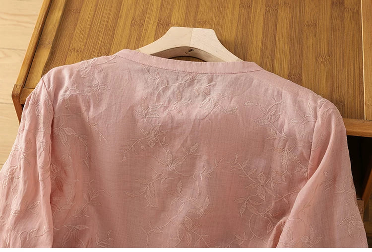 Embroidered Botanical Vine Cotton Linen Three Quarter Sleeve Shirt