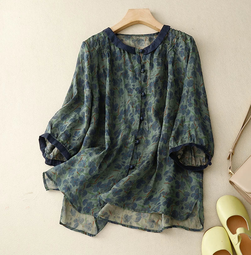 Floral Print Cotton Linen Three Quarter Sleeve Shirt