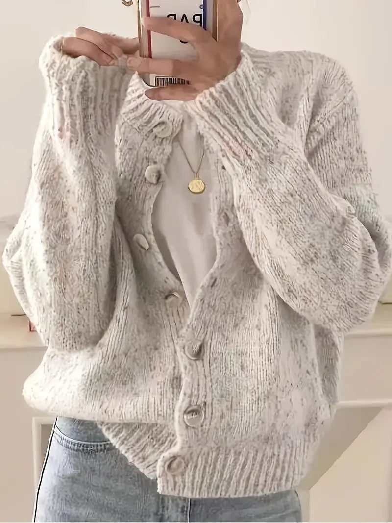 Speckled Yarn Cardigan with Front Buttons