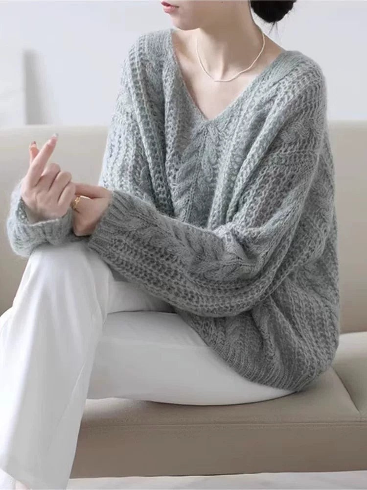 Oversized Mohair-Blend Knit Top with Openwork Cable Detail