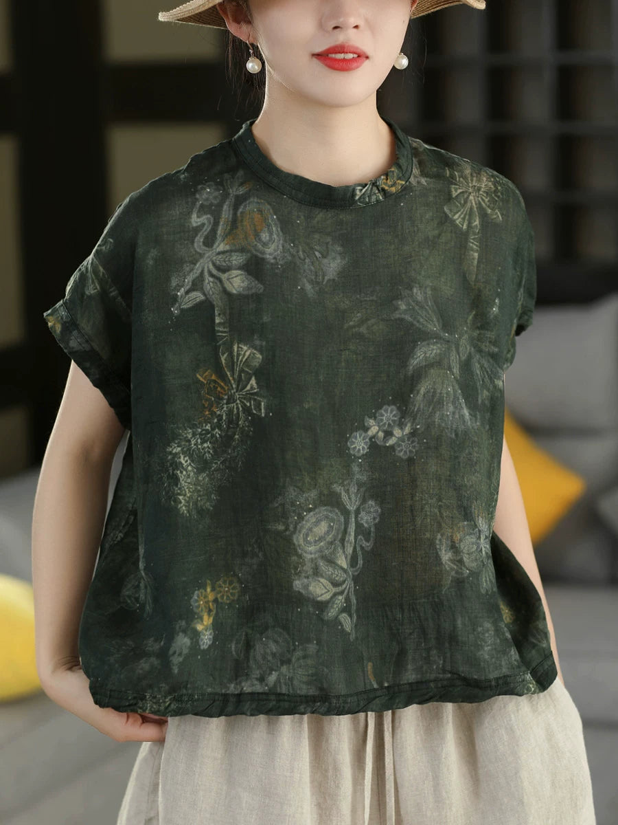 100% Ramie Top with Floral Print & Small Stand Collar