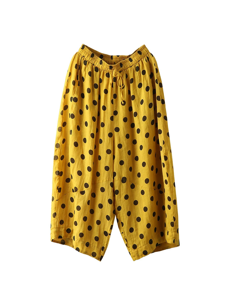 100% Ramie Balloon-Leg Cropped Pants with Polka Dots