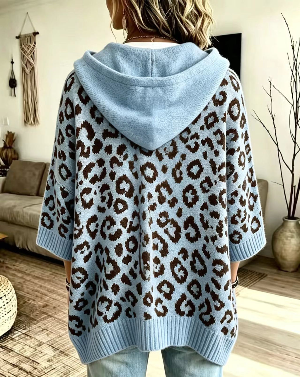 Leopard Jacquard Hooded Knit Top, Oversized Pullover