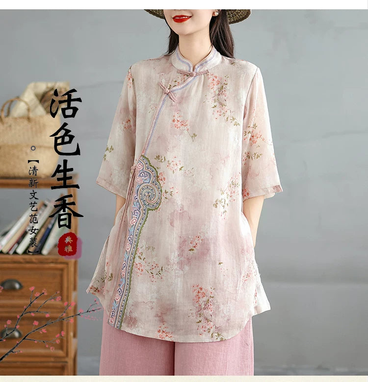 Linen-Look Floral Tunic with Chinese-Style Stand Collar