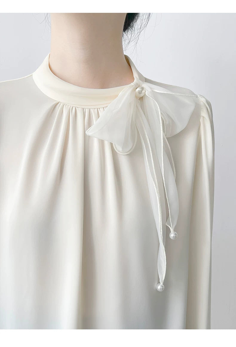 Relaxed Blouse with 3D Bow & Pearl Tie Detail