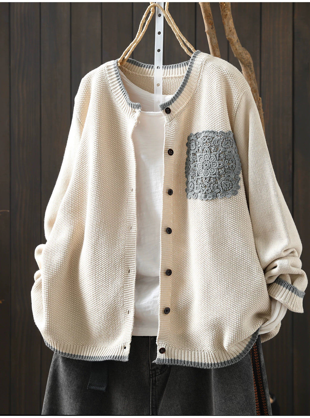 Waffle-Textured Knit Cardigan with Lace Pocket