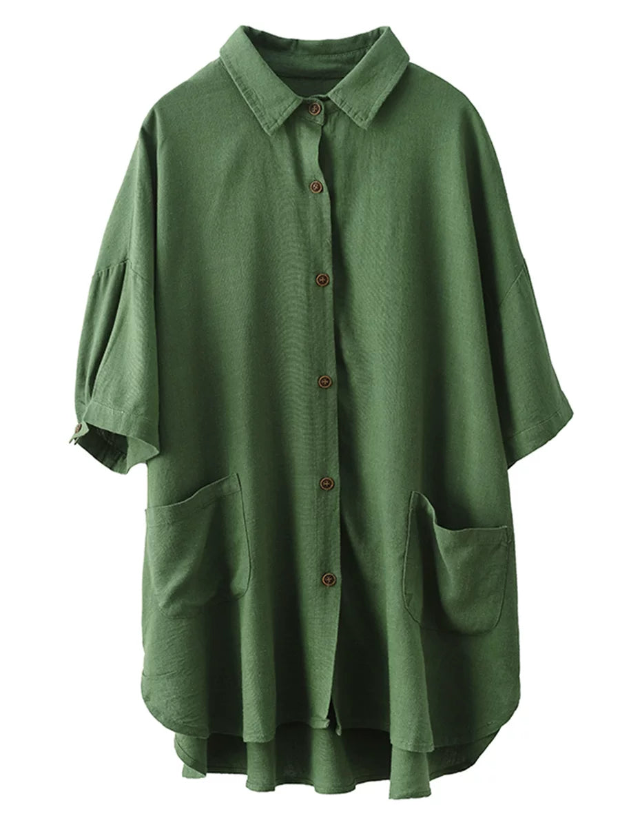 Linen-Look Shirt Collar Top with Patch Pockets