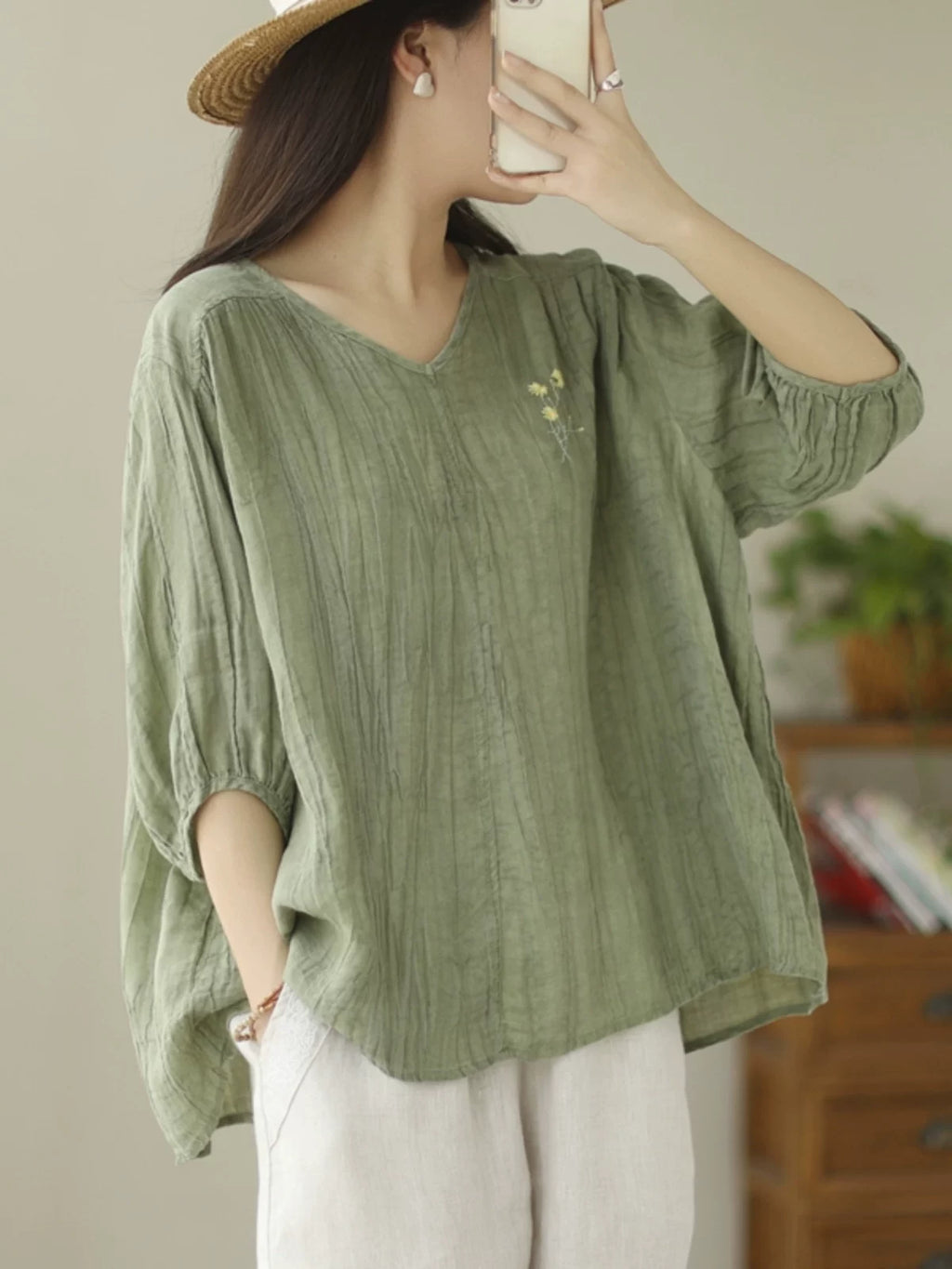 Linen-Look V-Neck Top with Floral Embroidery
