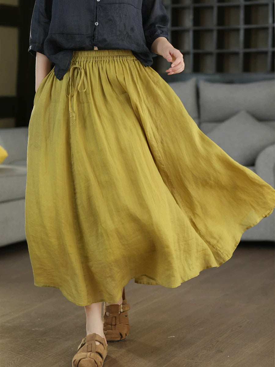 100% Ramie Double-Layer Maxi Skirt with Drawstring Waist