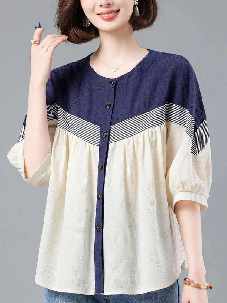 100% Cotton Color-Block Button Top with Striped Trim