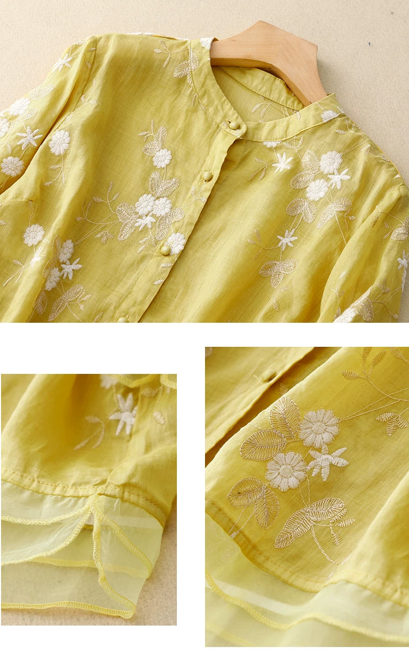 Embroidered Three Quarter Sleeve Shirt, Cotton Linen