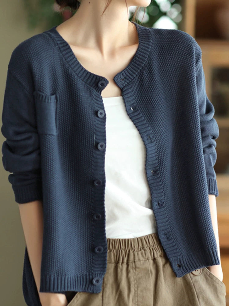 Cotton-Blend Knit Cardigan with V-Neck & Chest Pocket