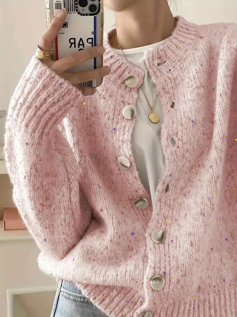 Speckled Yarn Cardigan with Front Buttons