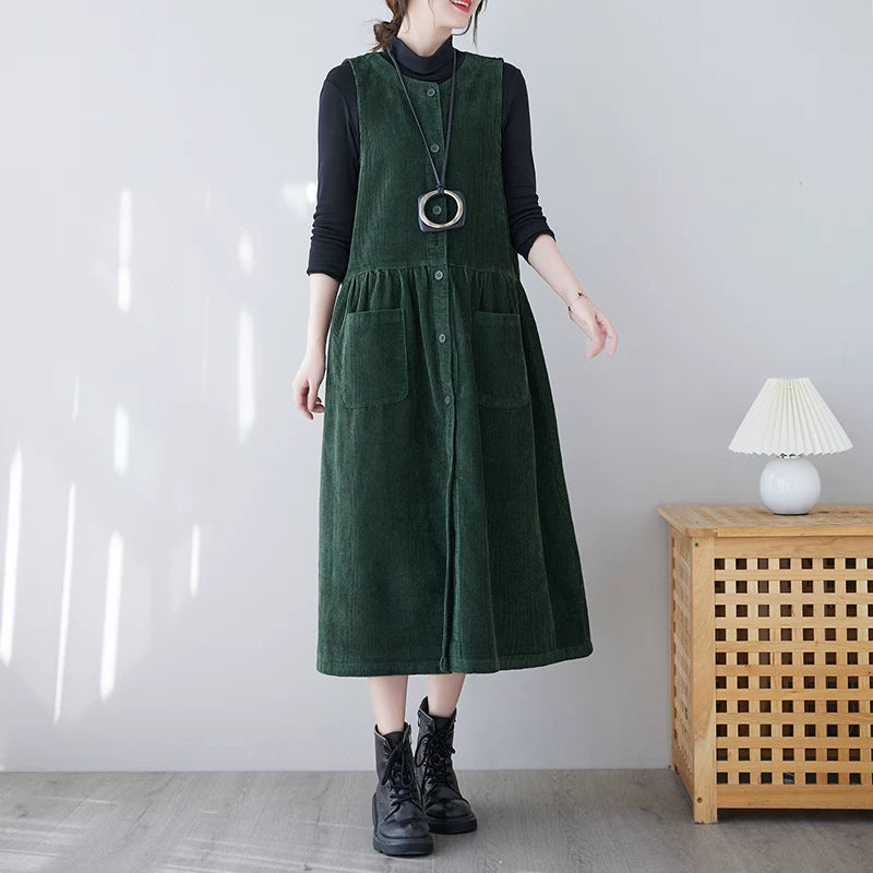 Corduroy Midi Dress with Patch Pockets & Button Front