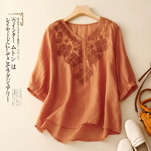 Embroidered Cotton Linen Three Quarter Sleeve Shirt
