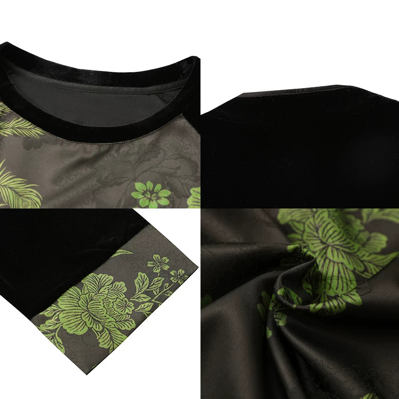 Jacquard Top with Velvet-Sleeve Contrast