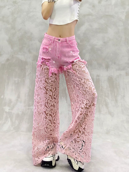 Lace-Embellished High-Waisted Wide-Leg Jeans