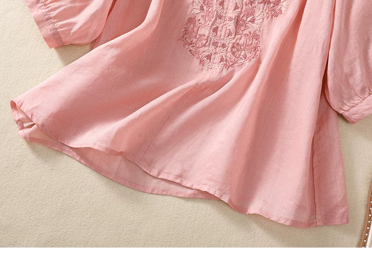 Embroidered Three Quarter Sleeve Blouse, Cotton Linen