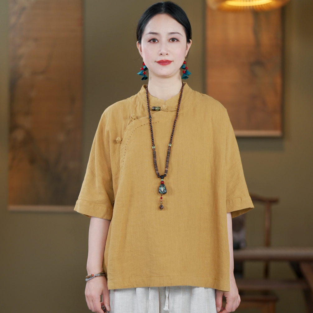 100% Linen Top with Mandarin Collar & Asymmetrical Front