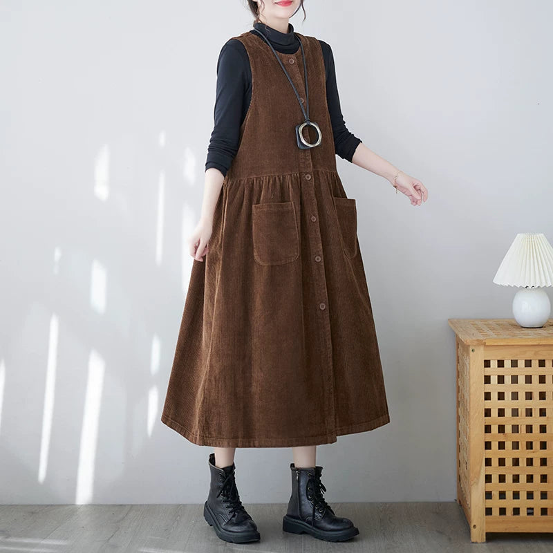 Corduroy Midi Dress with Patch Pockets & Button Front