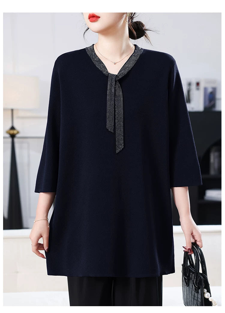 Silky-Feel V-Neck Top with Decorative Tie Detail