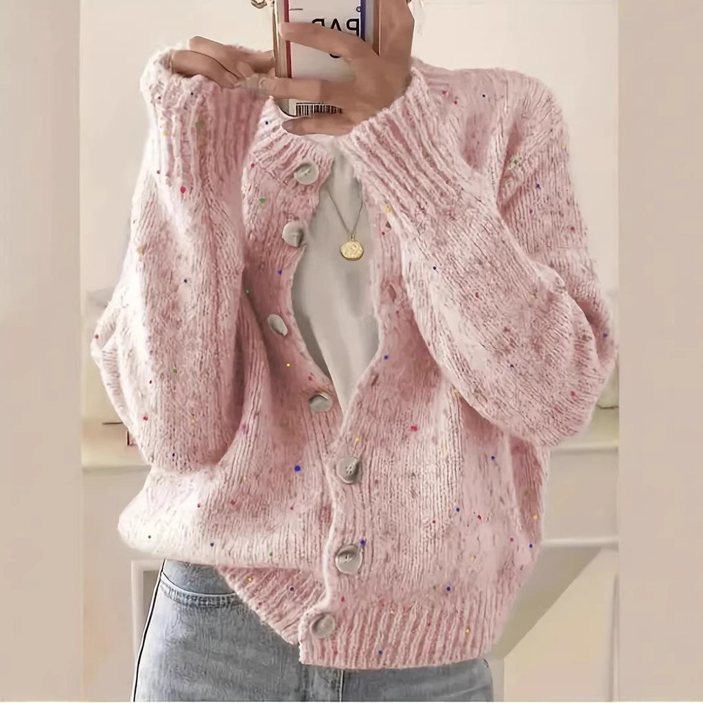 Speckled Yarn Cardigan with Front Buttons