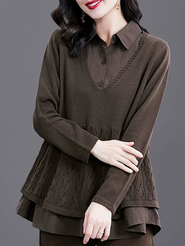 Relaxed Knit Top with Textured Lower Panel & Layered Hem