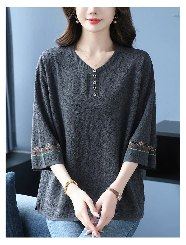 Textured Woven Blouse with Embroidered Cuffs