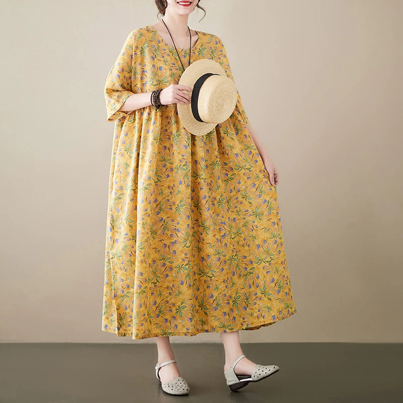 Boho Linen Cotton Midi Dress, Loose Fit, Short Sleeve