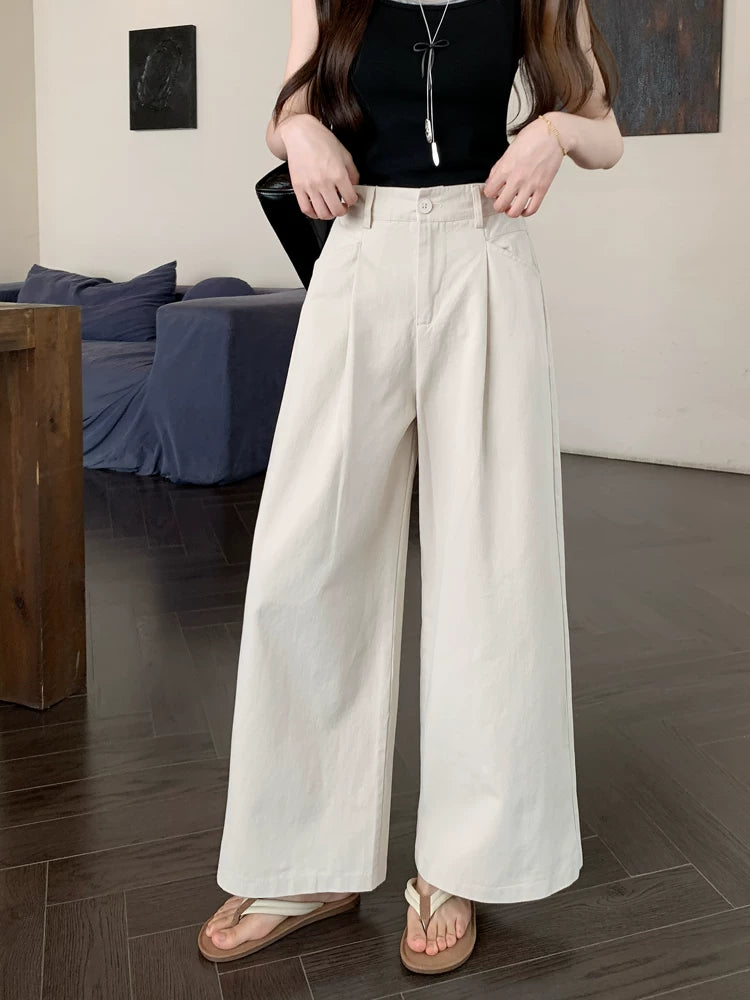 Wide-Leg Pleated Pants in Linen-Look Texture