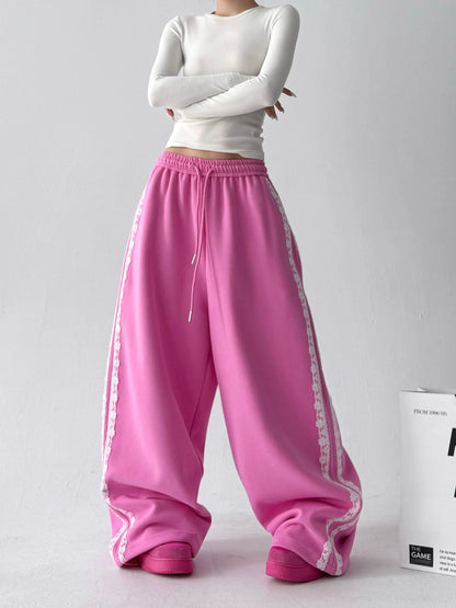 Korean-Style Lace-Trimmed Straight Leg Sweatpants