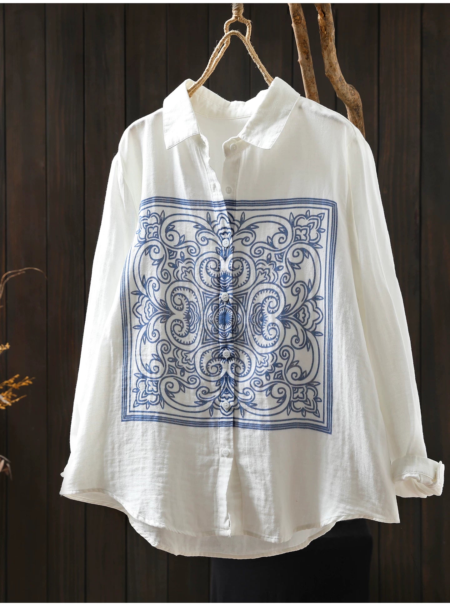 Linen Blouse with Porcelain Print & Button Front