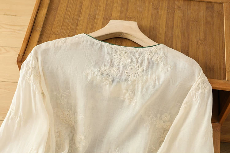 Embroidered Cotton Linen Three Quarter Sleeve Shirt