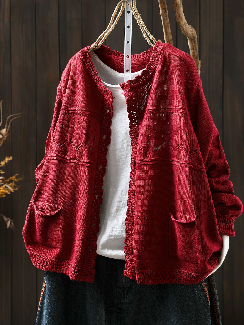 Soft Knit Cardigan with Openwork Panels & Ruffles