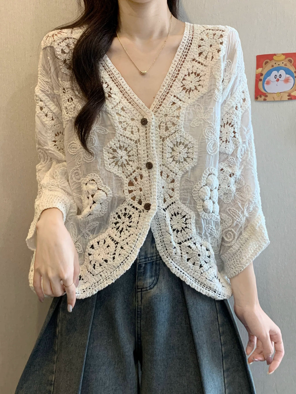 Crochet-Overlay Cardigan with V-Neck Button Front