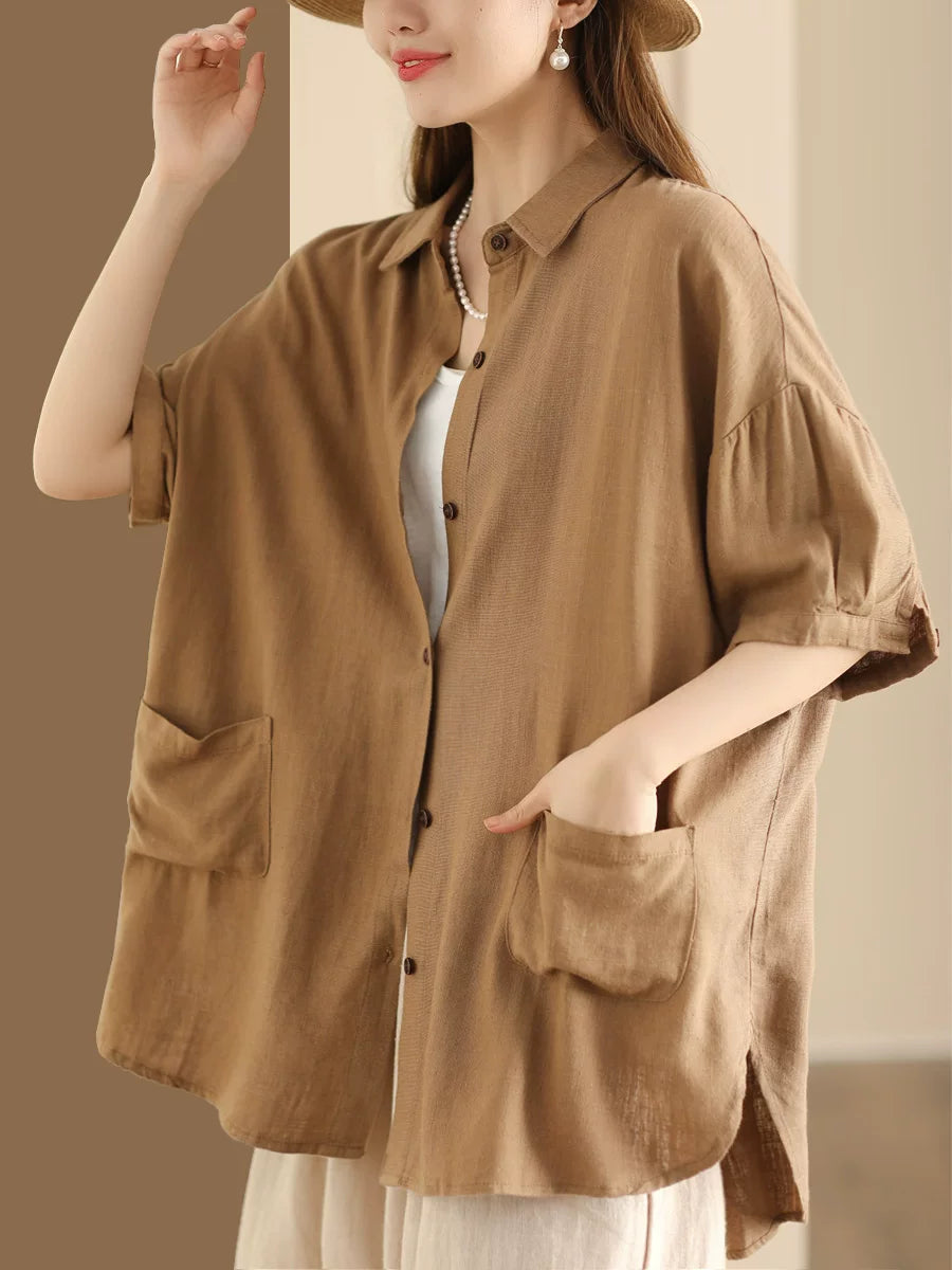 Linen-Look Shirt Collar Top with Patch Pockets