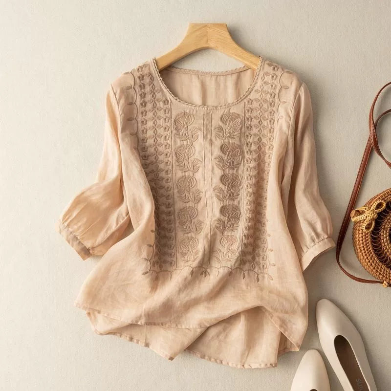 Embroidered Relaxed Top with Elbow-Length Sleeves