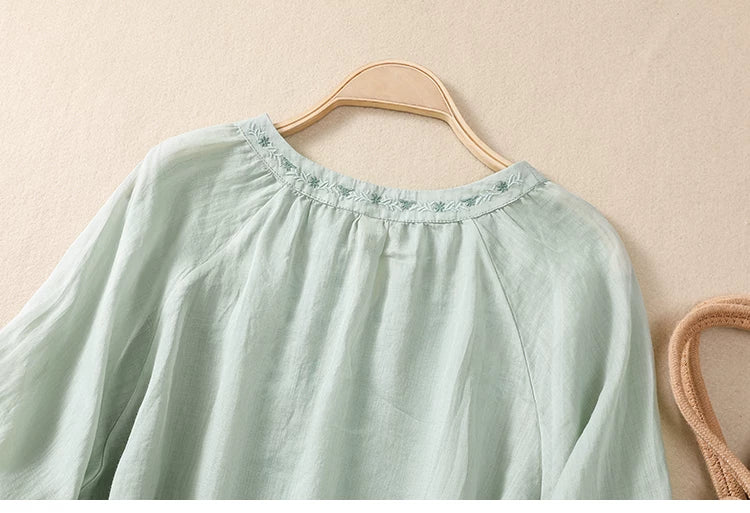 Embroidered Three Quarter Sleeve Blouse, Cotton Linen
