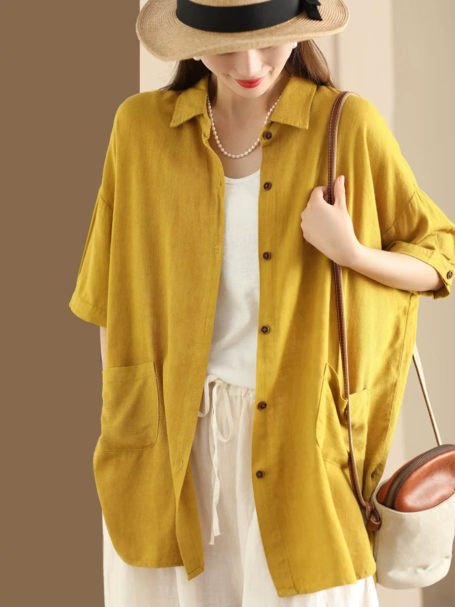 Linen-Look Shirt Collar Top with Patch Pockets