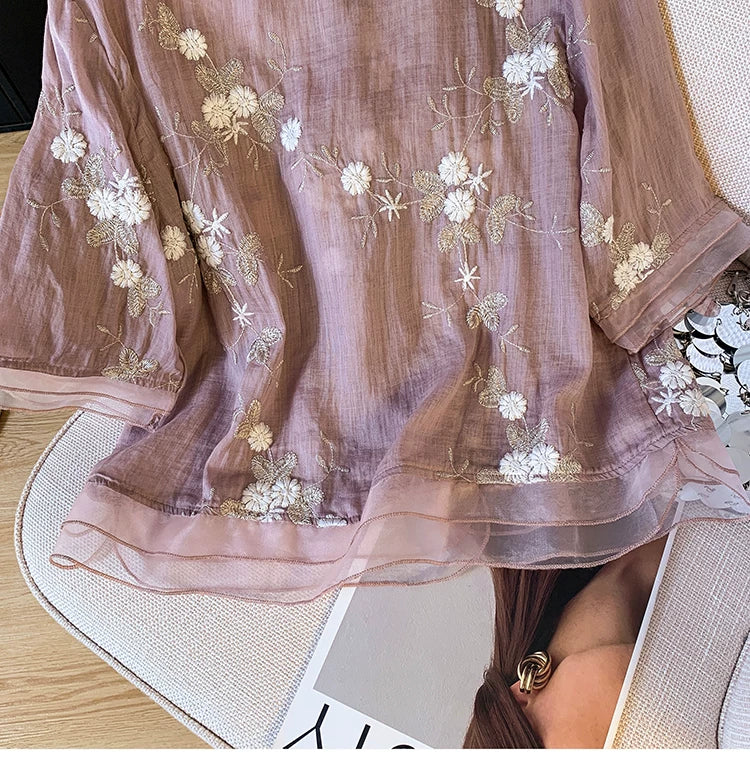 Embroidered Top with Organza Overlay & Button Front