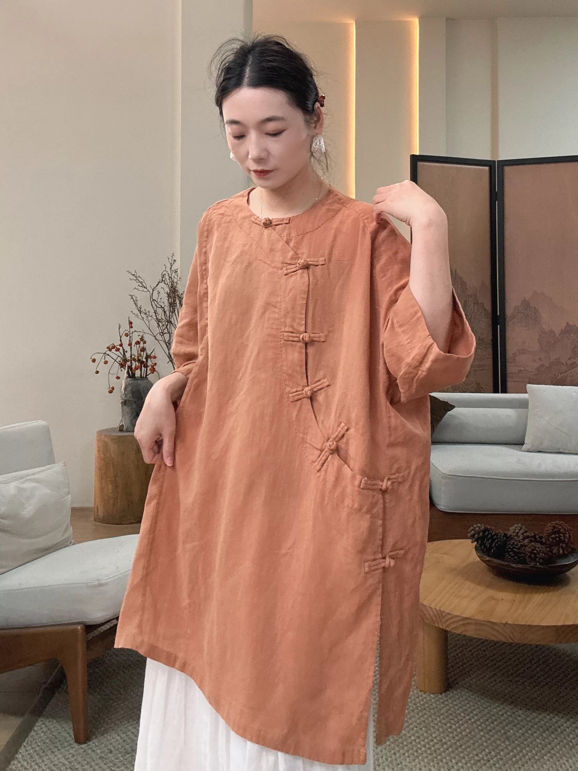 Relaxed Linen Tunic Dress with Frog Buttons