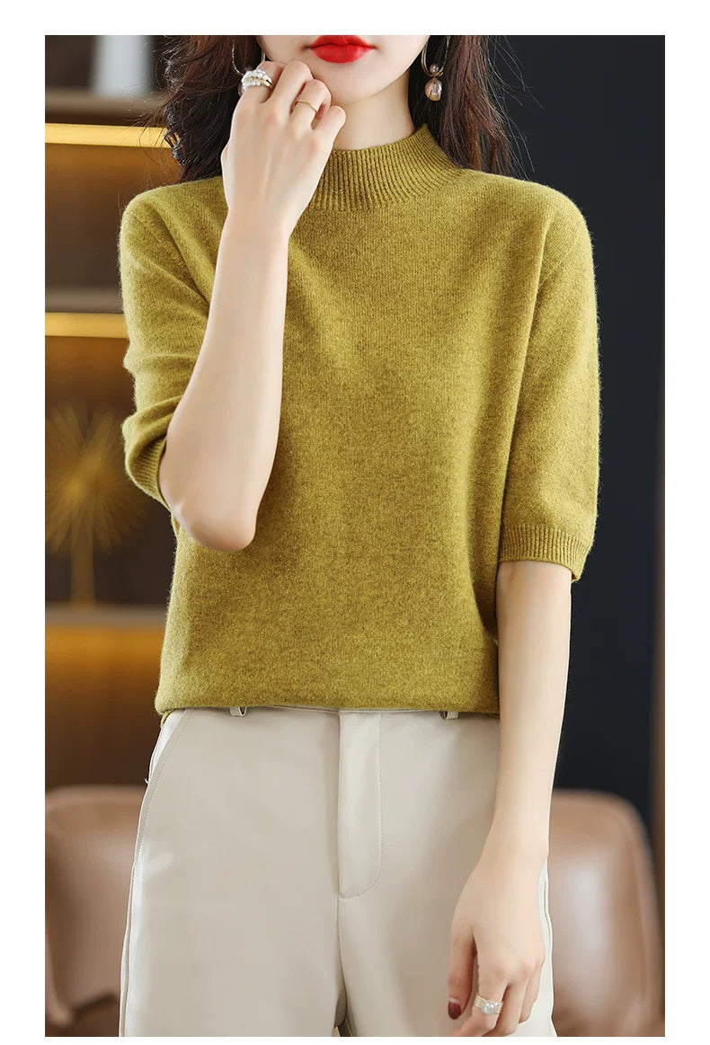 Relaxed Knit Top with Small Stand Collar & Elbow Sleeves
