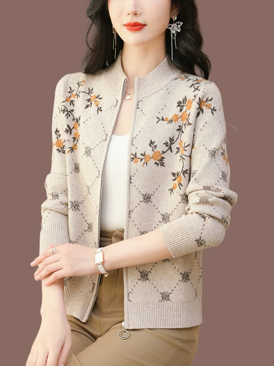 Floral Jacquard Zip-Front Cardigan, Small Stand Collar